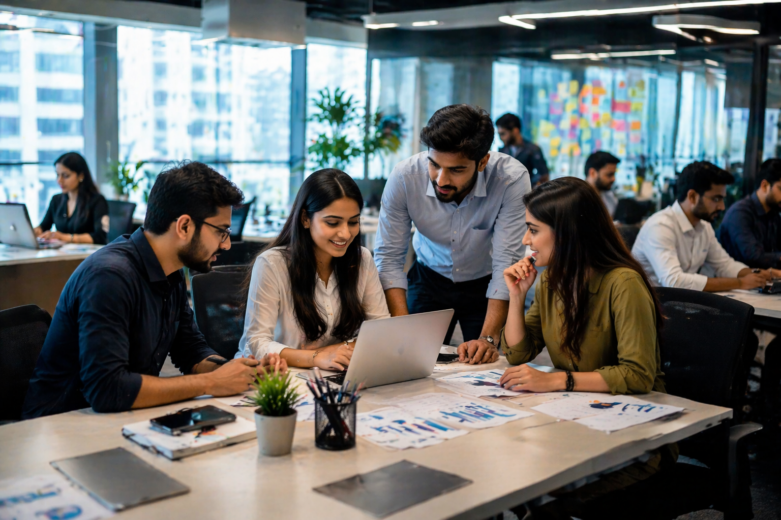 Professionals collaborating in a modern office
